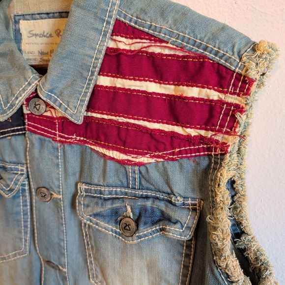 Smoke Rise Denim Vest Women Small Light Blue Distressed American Flag Patches - Picture 6 of 8